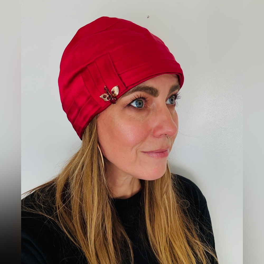 1920s Wine Satin Cloche Hat with Gold and Ruby Jewel Accent